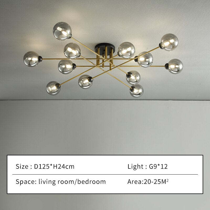 Size card for the twelve-light grey smoked Clérachic sputnik chandelier: D125 × H24 cm, twelve G9 lamps, for 20–25 m².
