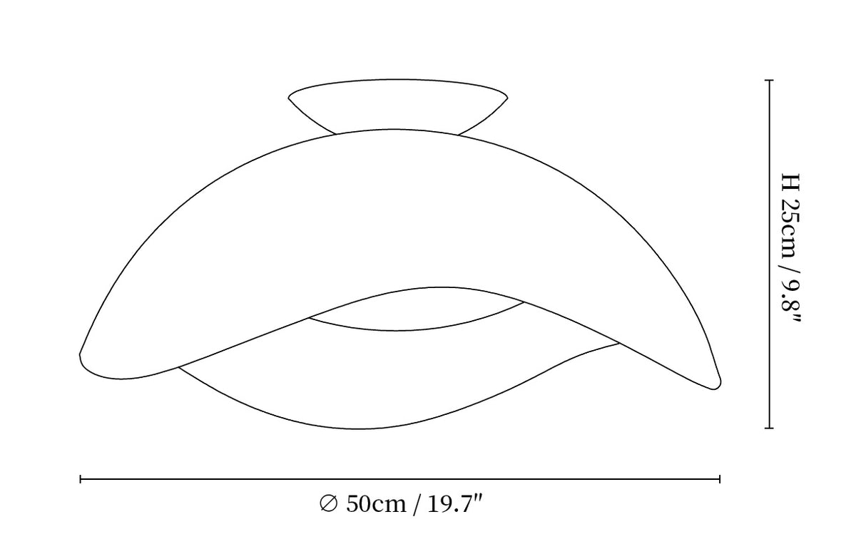 Dimension drawing of the serene wave ceiling light, in outline against white.