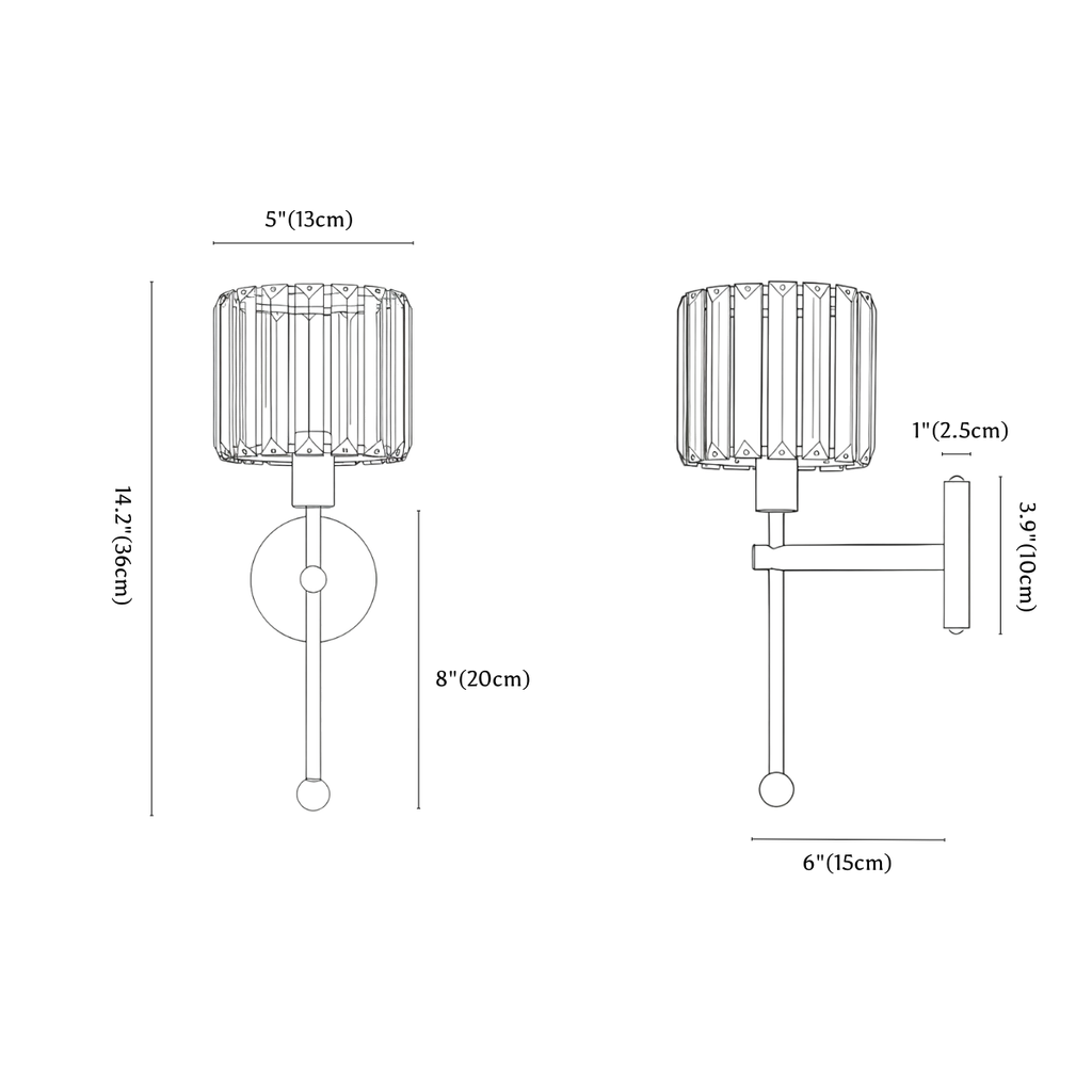 Clérachic wall light dimension drawing, every measurement marked in centimetres and inches.