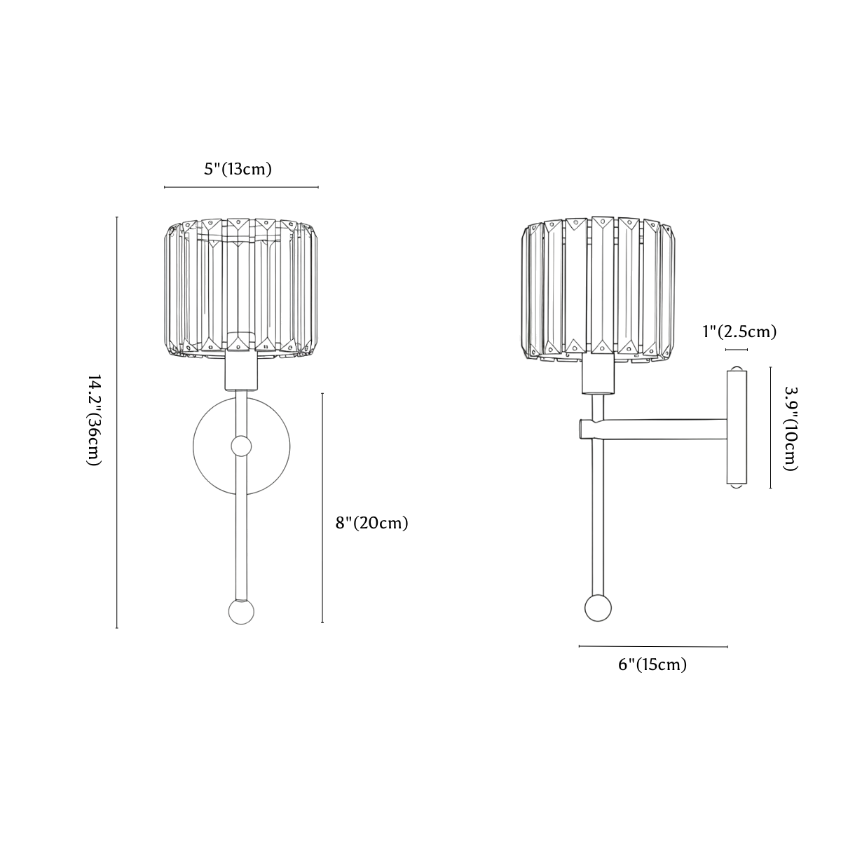 Clérachic wall light dimension drawing, every measurement marked in centimetres and inches.