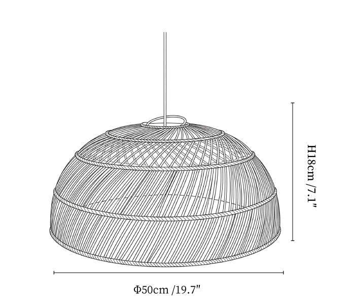 Clérachic pendant light dimension drawing, 1 of 3, every measurement marked in centimetres and inches.