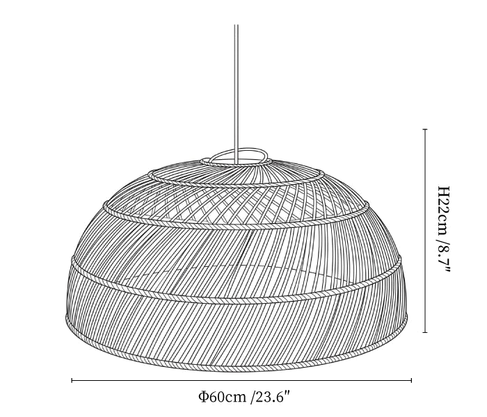 Clérachic pendant light dimension drawing, 2 of 3, every measurement marked in centimetres and inches.