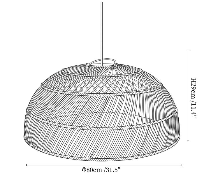 Clérachic pendant light dimension drawing, 3 of 3, every measurement marked in centimetres and inches.