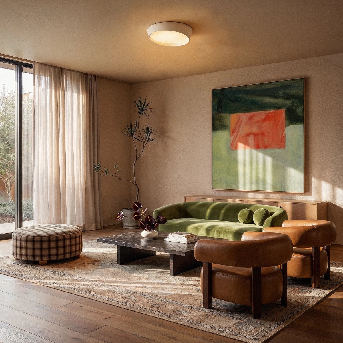 Clérachic white round ceiling light glowing warm above a living room with a green velvet sofa and tan leather armchairs.