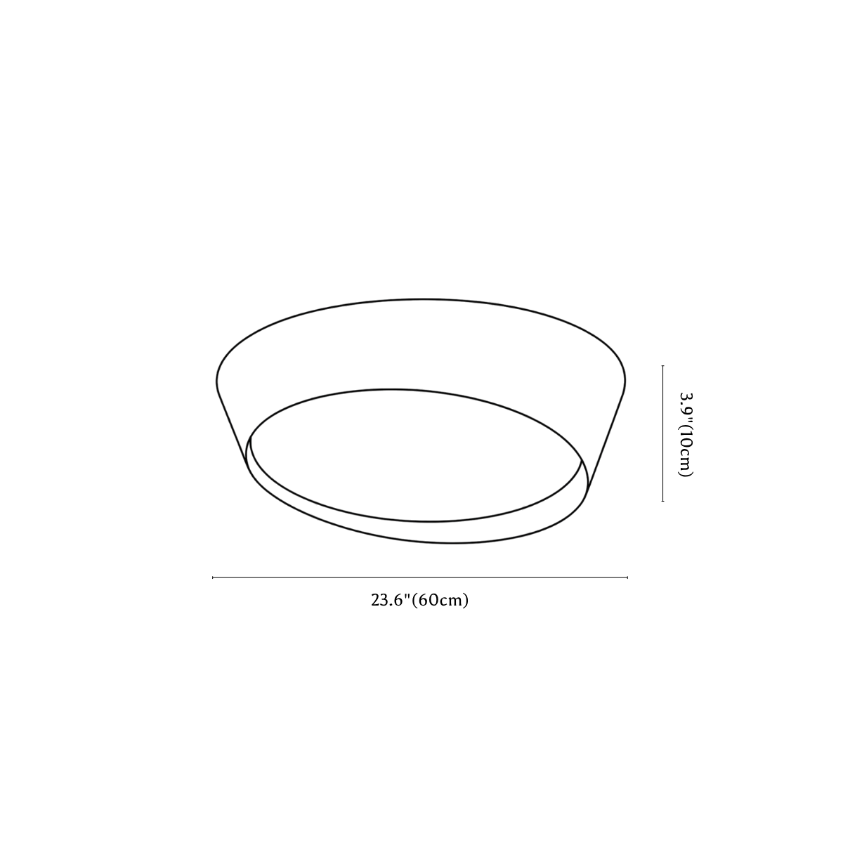 Clérachic ceiling light dimension drawing, 60 cm, every measurement marked in centimetres and inches.
