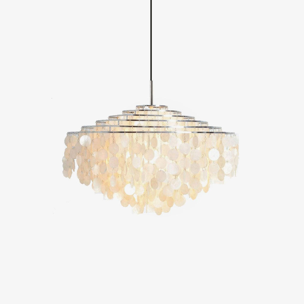 Chrome-ringed Clérachic shell chandelier on a white backdrop, with stepped rings narrowing up to a slim black cable.