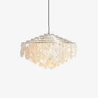 Chrome-ringed Clérachic shell chandelier on a white backdrop, with stepped rings narrowing up to a slim black cable.
