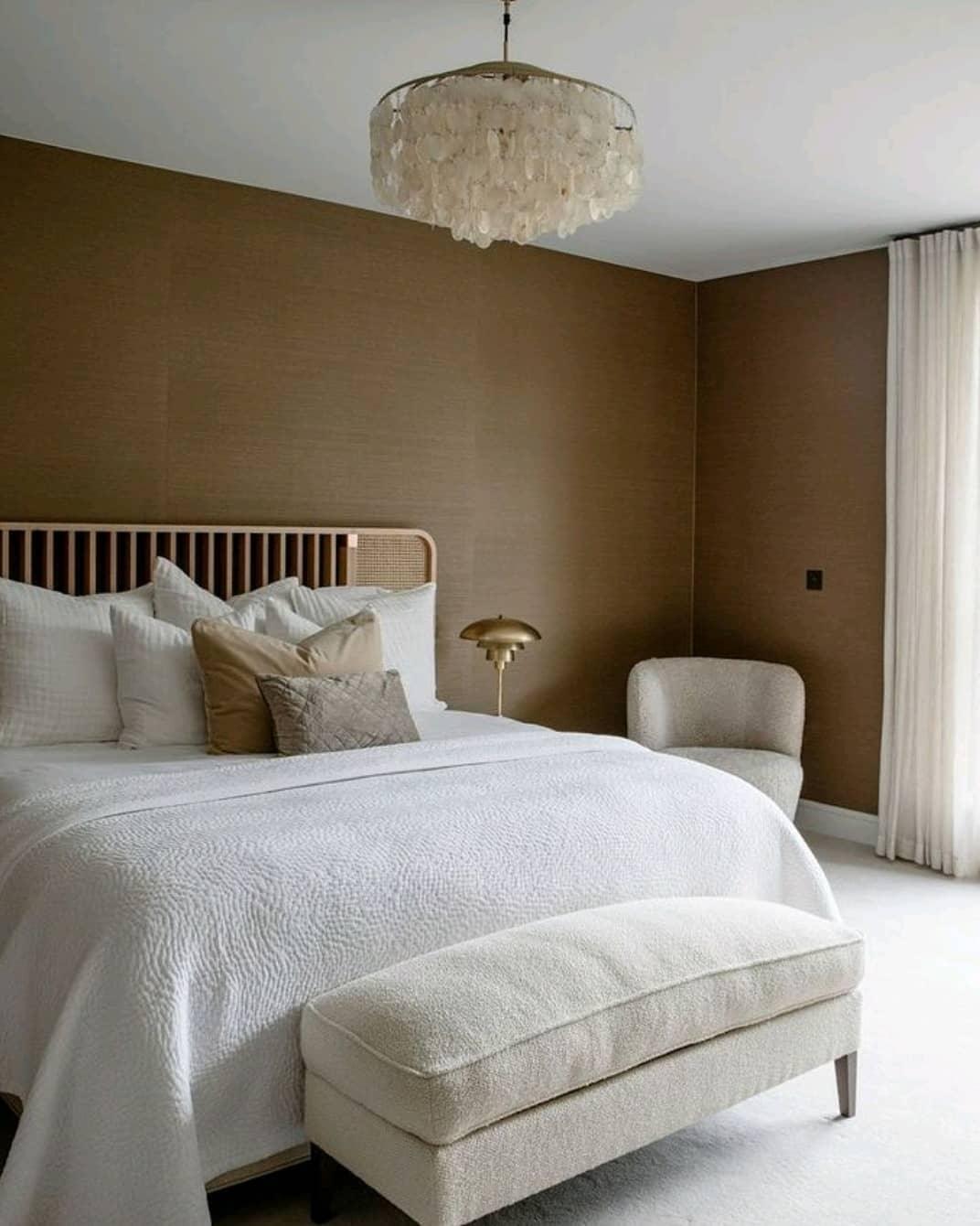 Clérachic shell chandelier above a bed with white linen and a slatted headboard, against a brown textured wall.