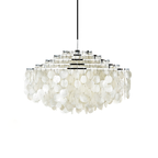 Chrome-ringed Clérachic shell chandelier hung from a black cable on white, with six rings stepping out to a wide base.