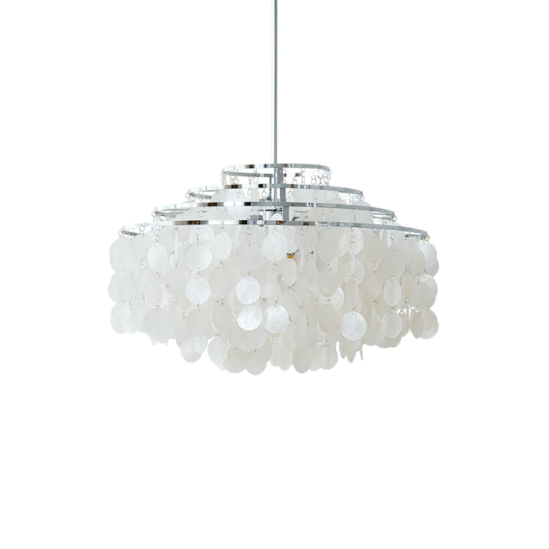 Chrome-ringed Clérachic shell chandelier on a plain white backdrop, with stepped rings above rounded white discs.
