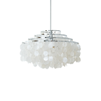 Chrome-ringed Clérachic shell chandelier on a plain white backdrop, with stepped rings above rounded white discs.