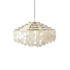 Gold-ringed Clérachic shell chandelier on white, its discs hanging in a squared shape from stepped rings on a black cable.