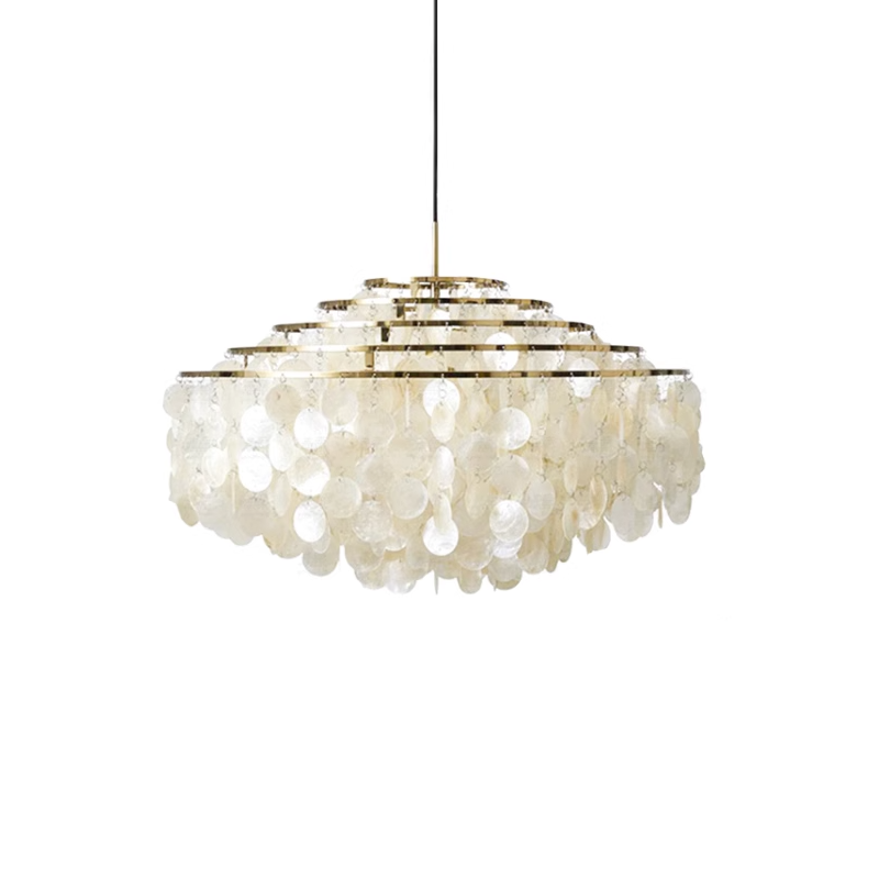 Gold-ringed Clérachic shell chandelier on white, its discs hanging in a squared shape from stepped rings on a black cable.