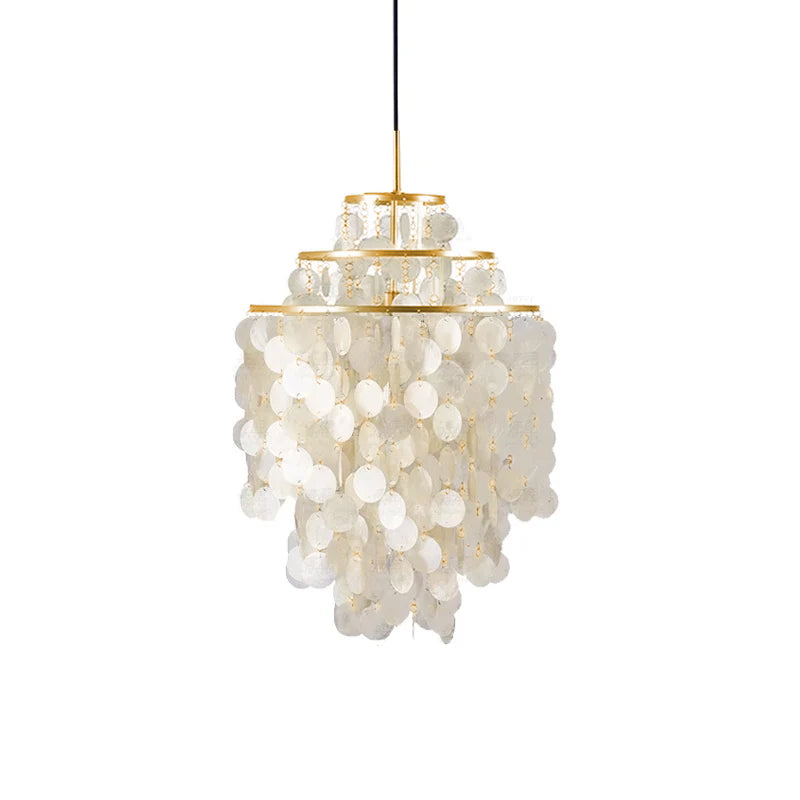 Tall slim gold-ringed Clérachic shell chandelier on white, with three tiers narrowing toward a black cable.