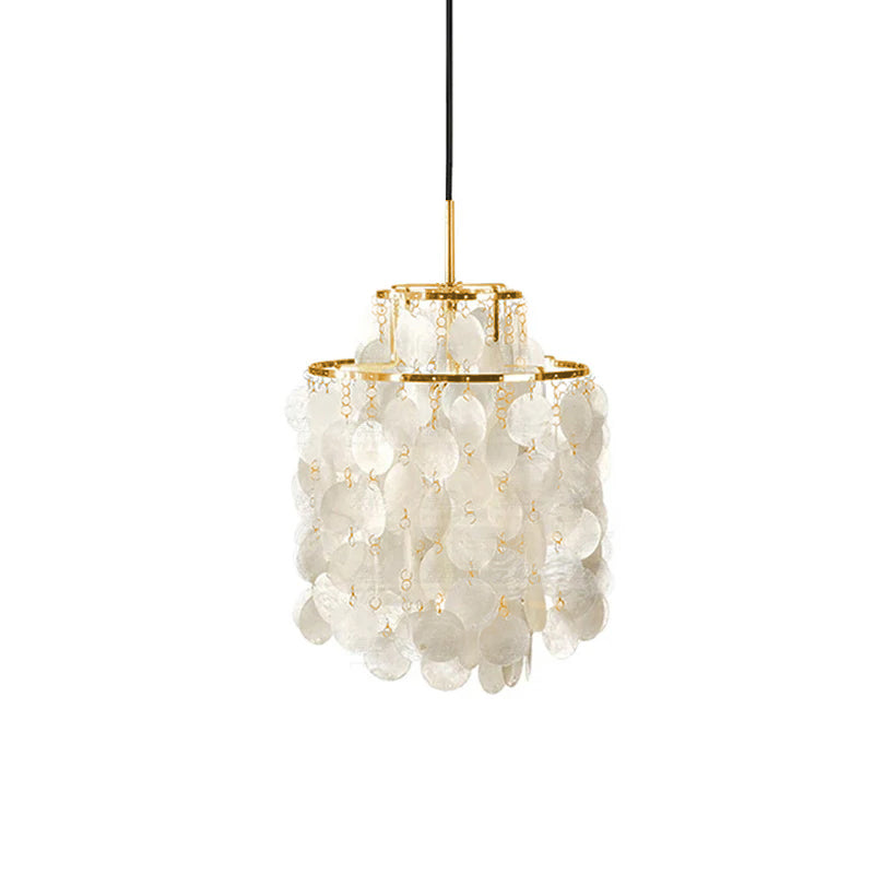 Compact gold-ringed Clérachic shell chandelier with two tiers of white discs, hung from a black cable on white.
