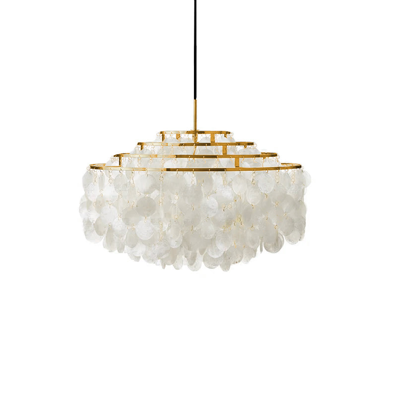 Gold-ringed Clérachic shell chandelier on white, with four stepped rings and a rounded skirt of shell discs.