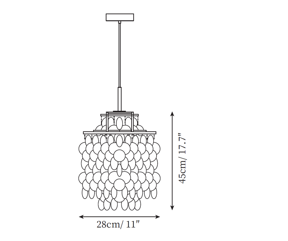 Dimension drawing of this Clérachic chandelier, a 28 cm wide, 45 cm tall version, with its height and width marked.