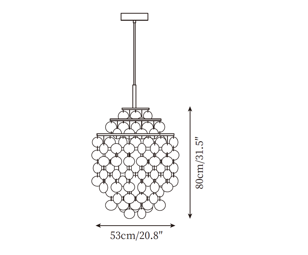 Dimension drawing of this Clérachic chandelier, a 53 cm wide, 80 cm tall version, with its height and width marked.