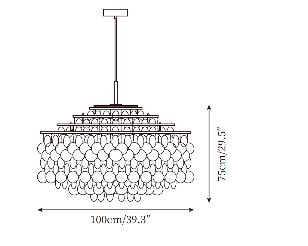 Dimension drawing of this Clérachic chandelier, a wide 100 cm by 75 cm version, with its height and width marked.
