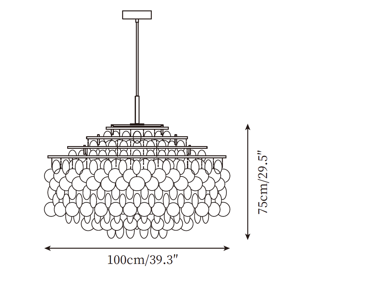 Dimension drawing of this Clérachic chandelier, a wide 100 cm by 75 cm version, with its height and width marked.