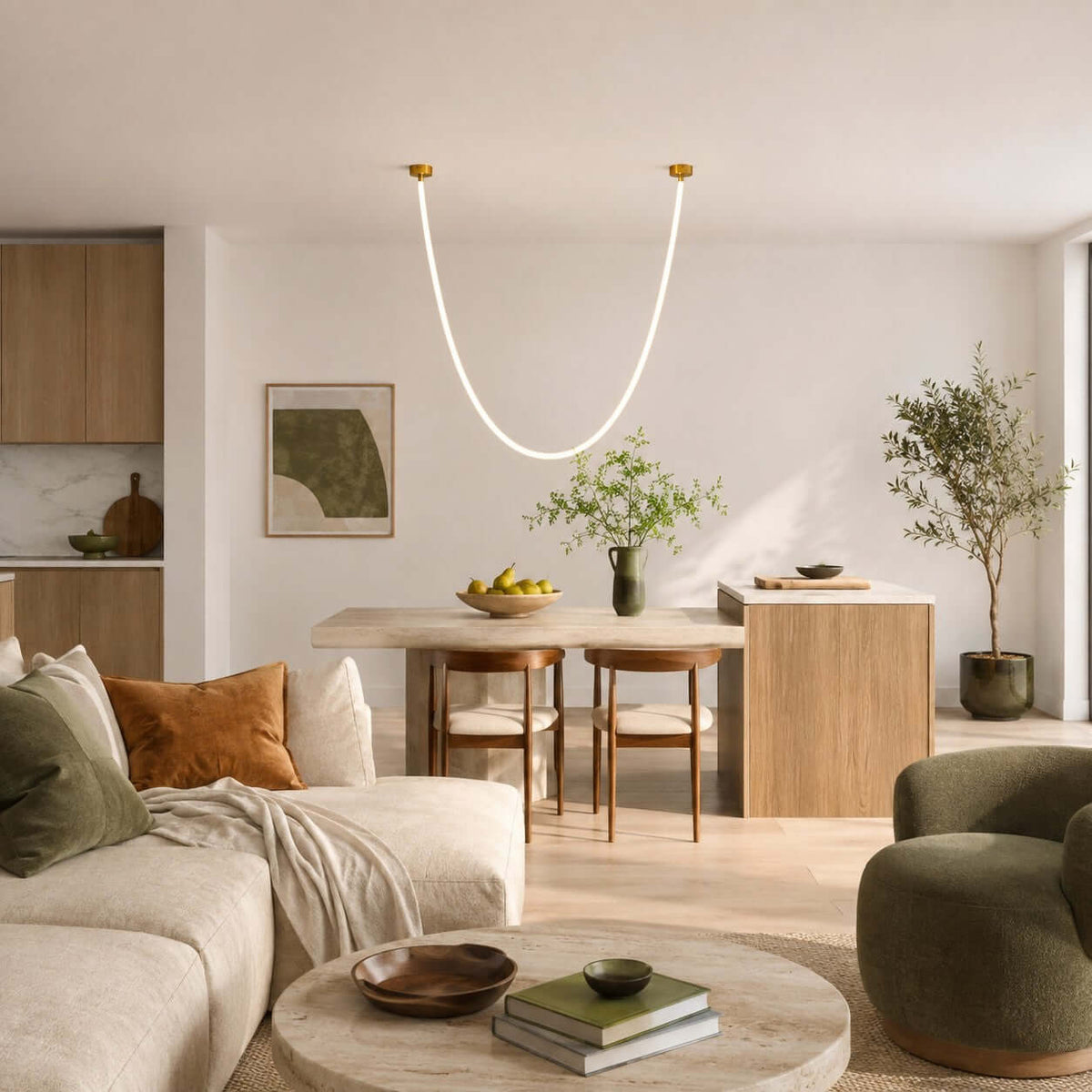 A single glowing U-shaped Clérachic pendant light hangs between gold plates over an open-plan dining and sofa area with an olive tree.