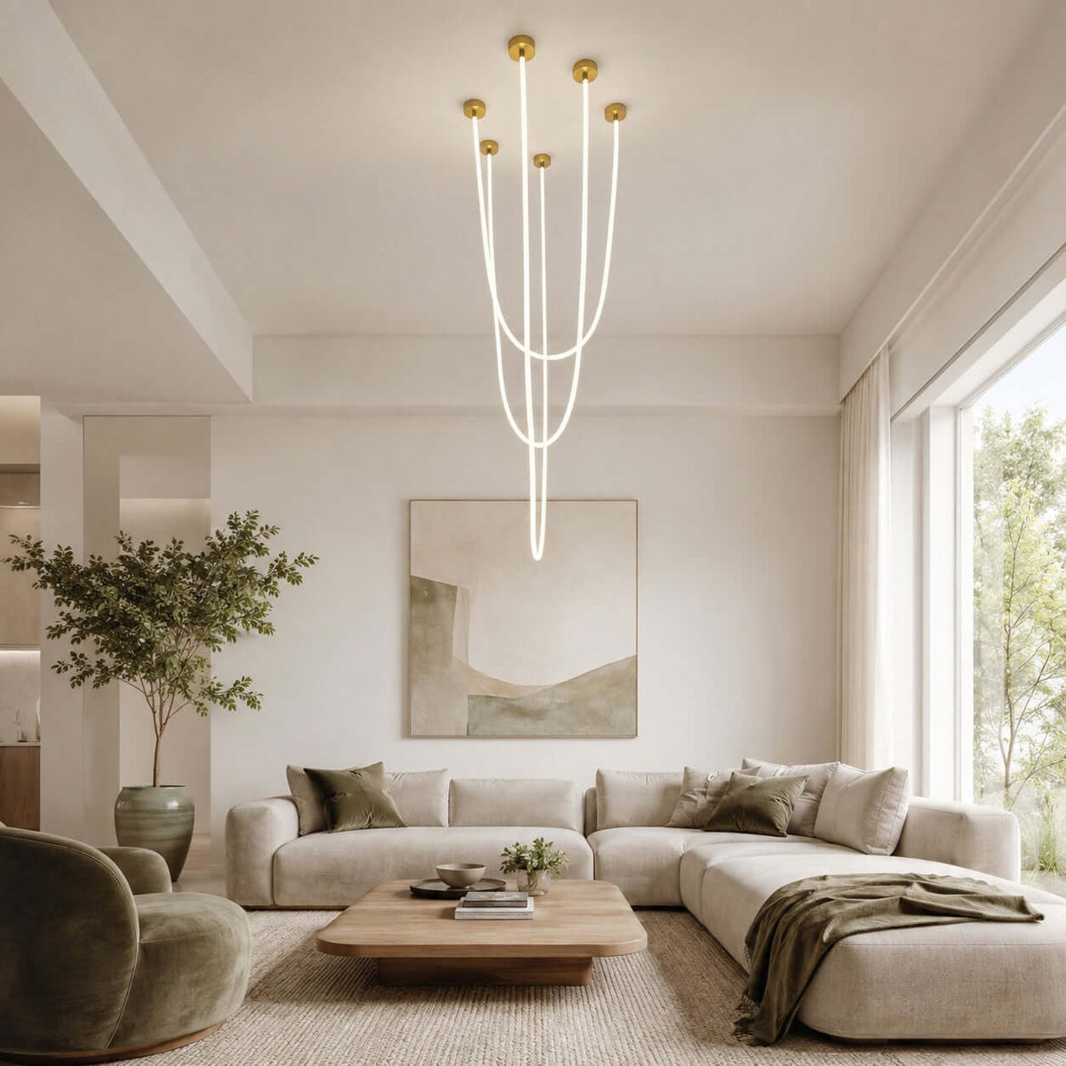 Above a low wooden coffee table and a curved sofa, this Clérachic pendant light hangs in a bright room with a large painting.