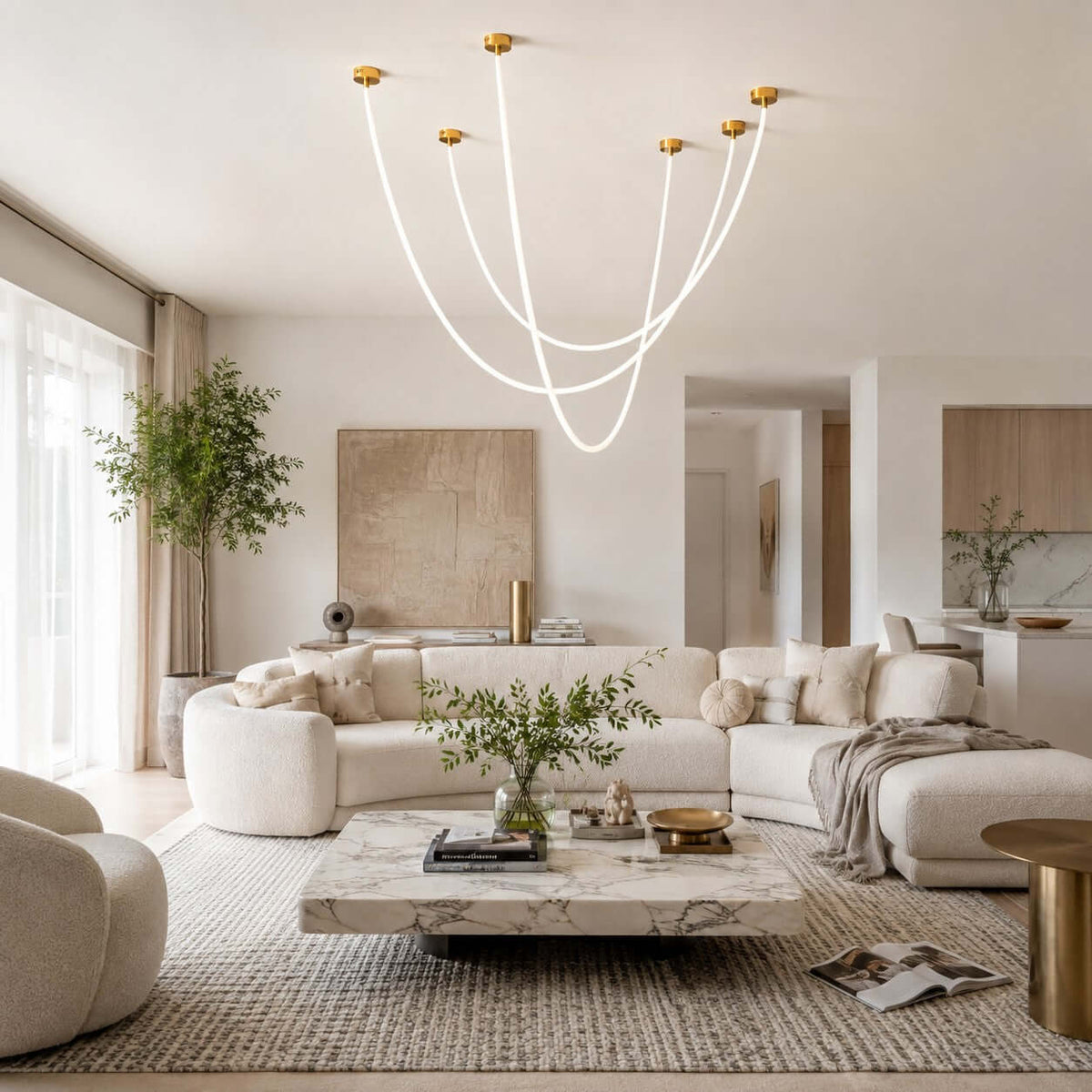 This Clérachic pendant light loops its glowing tubes in wide curves over a marble coffee table and a boucle sofa.