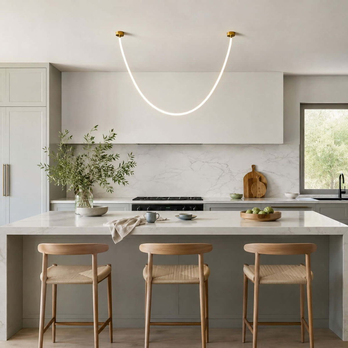 Above a pale kitchen island with woven-seat stools, this Clérachic pendant light arcs in a soft, even glow.