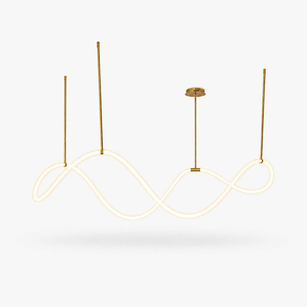 A Clérachic pendant light with a glowing wave-shaped silicone strip hung from gold-toned rods and a round canopy, on a white backdrop.