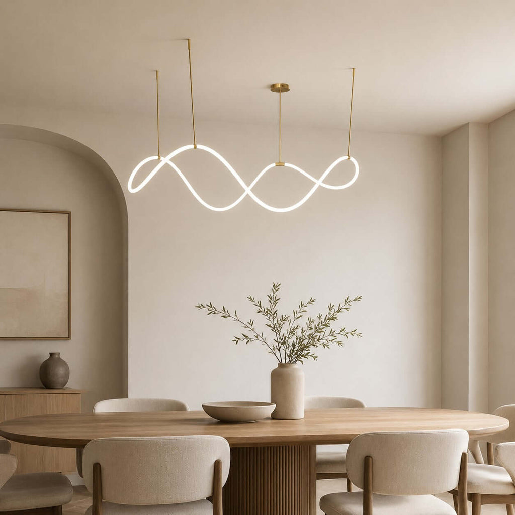 Lit wave pendant from Clérachic hangs on gold rods above a round wooden dining table, near an arched alcove and a vase of olive stems.