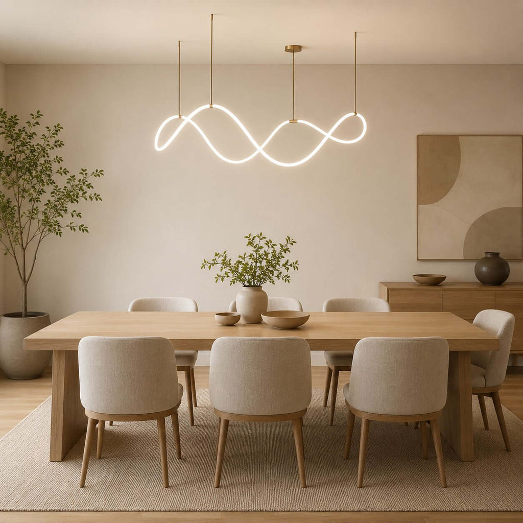 A Clérachic pendant with a looping glowing strip hangs above a long oak table and cream chairs, in a warm room with an olive tree.