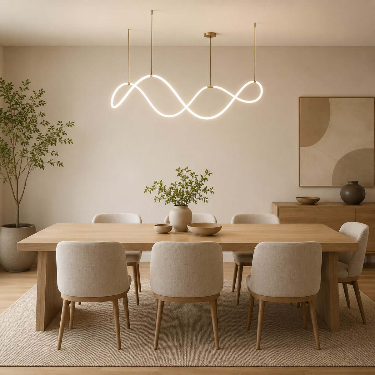A Clérachic pendant with a looping glowing strip hangs above a long oak table and cream chairs, in a warm room with an olive tree.