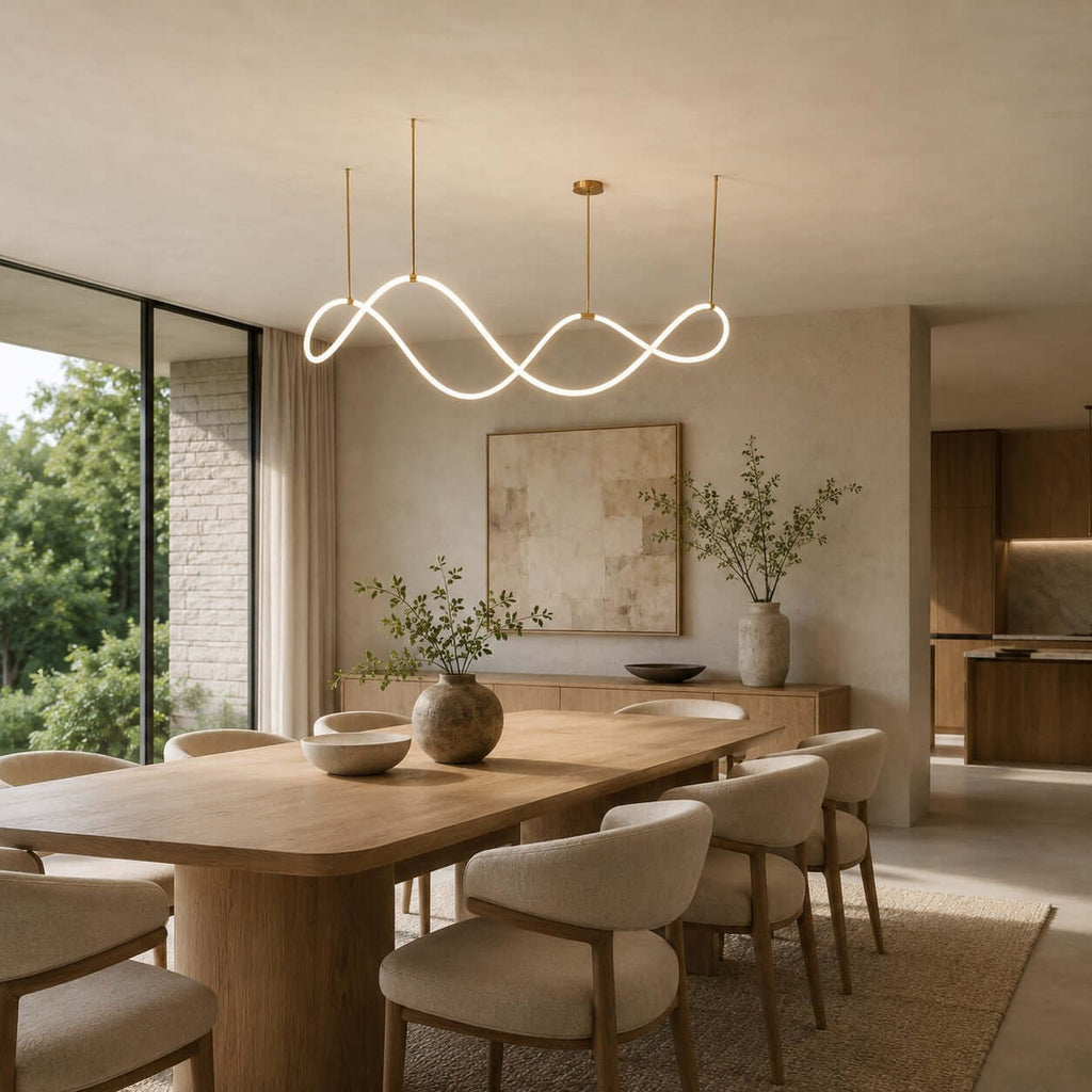 This Clérachic pendant with a glowing wave strip hangs over a rounded oak table, beside a glass wall with trees outside.