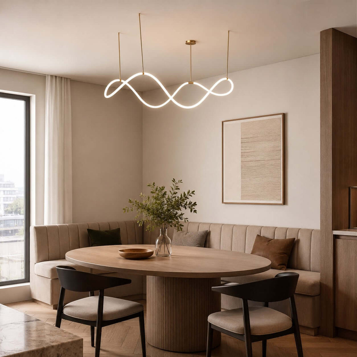Clérachic pendant with a glowing silicone wave hung above a small round table, a curved banquette and two black chairs.
