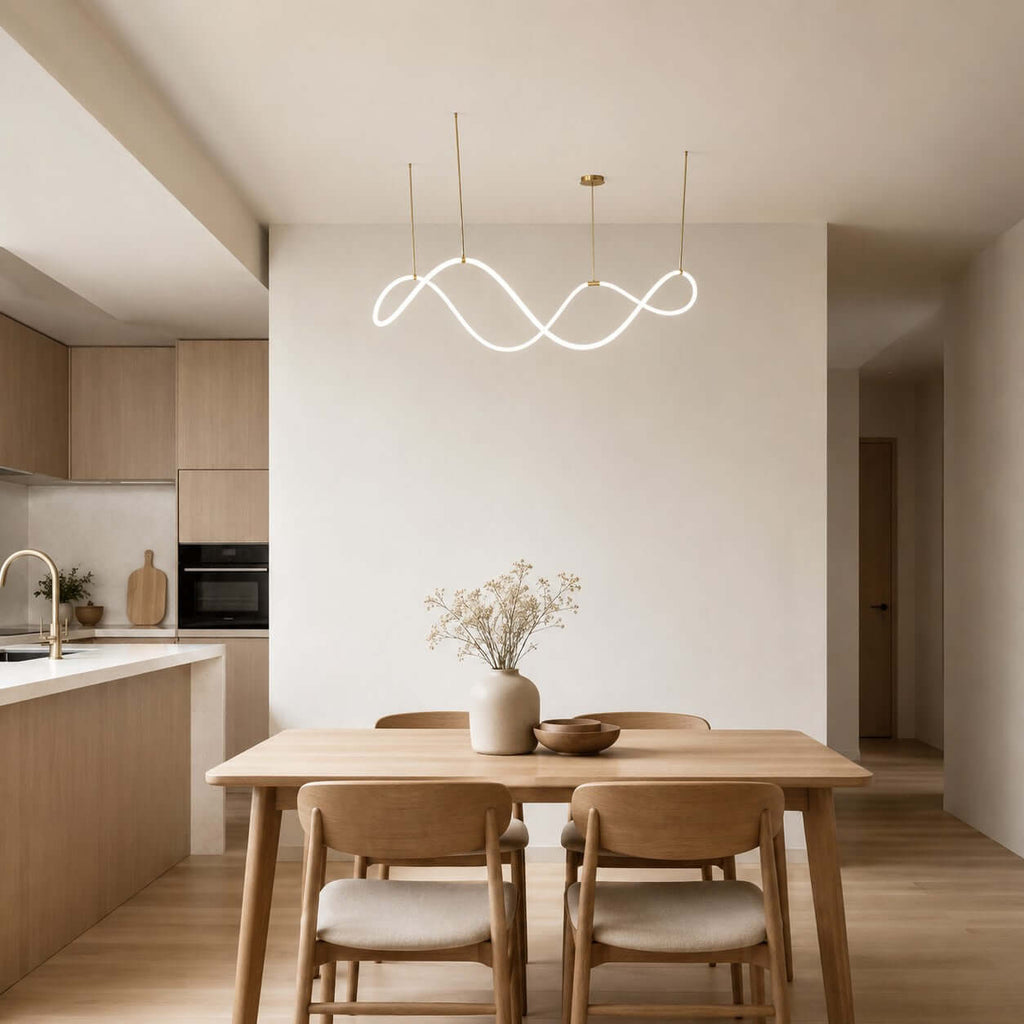 The Clérachic wave pendant hangs in an open kitchen and dining space, above a light oak table with a vase of dried stems.