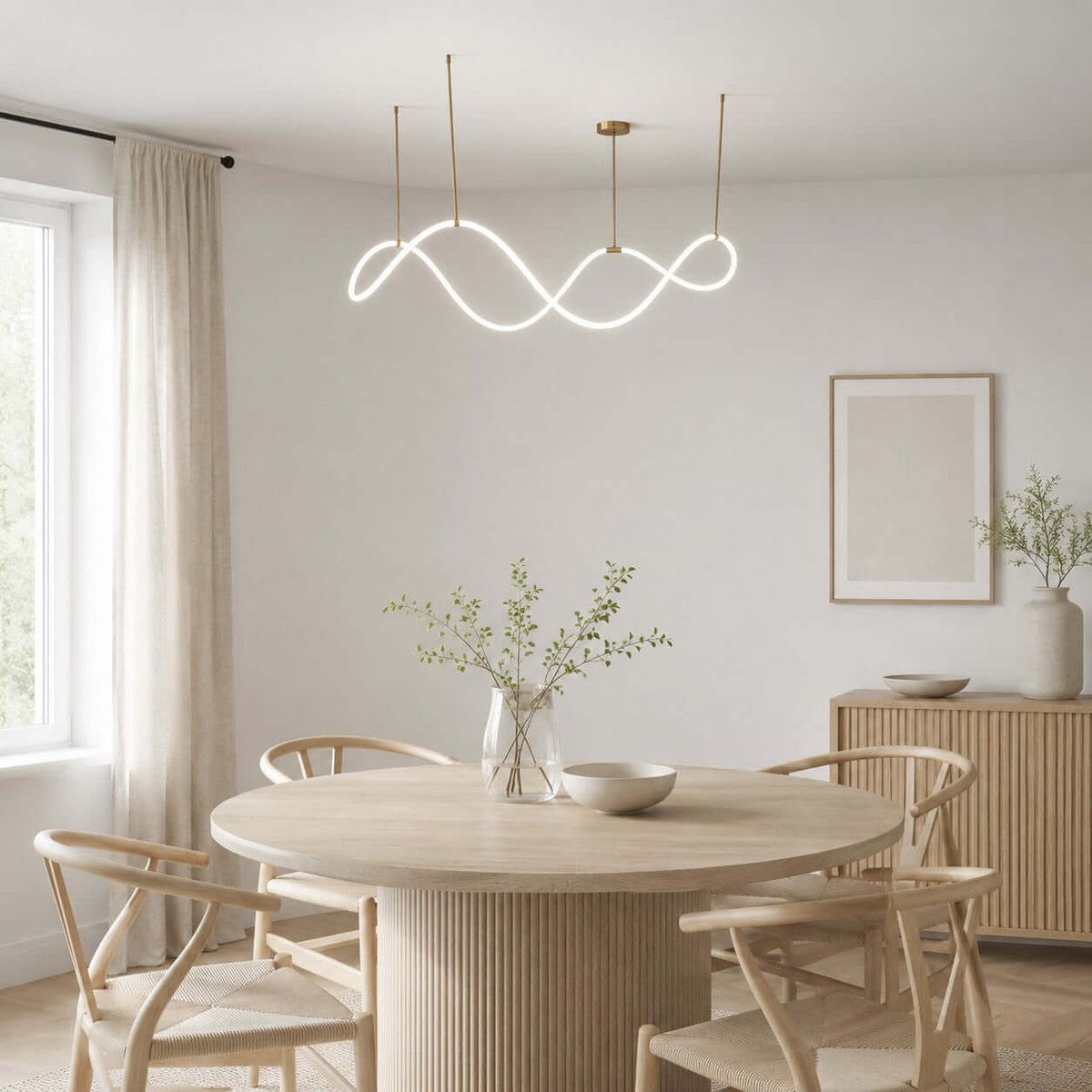 This Clérachic pendant glows above a round pedestal dining table with wishbone-style chairs, next to a bright window.