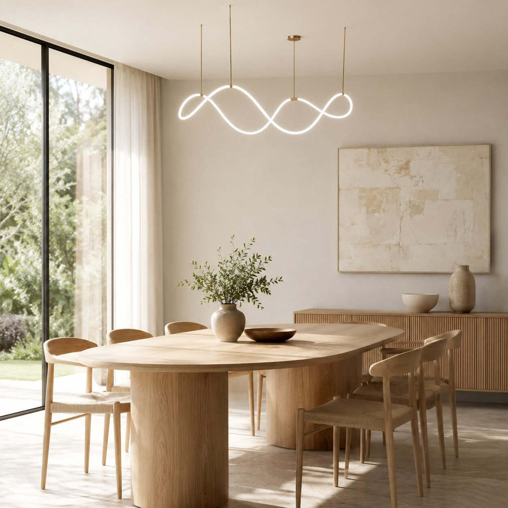 A Clérachic wave pendant hangs near a glass wall, above an oval oak table with wooden chairs and a ribbed sideboard.