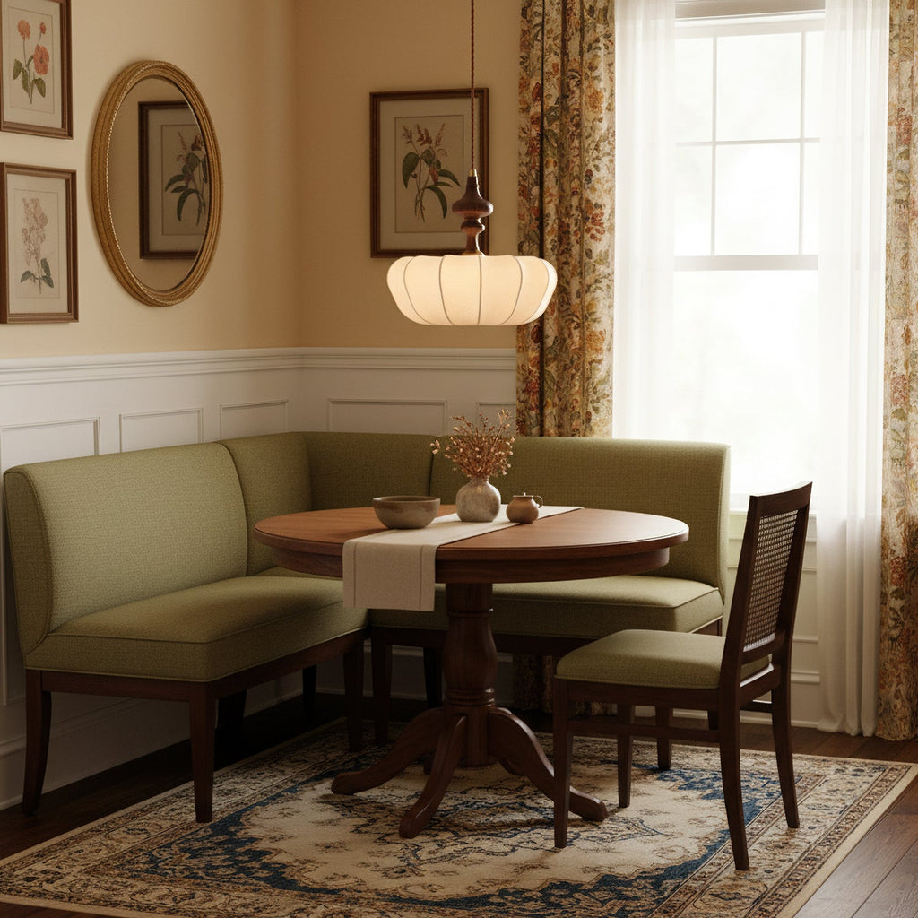 A lit Clérachic pendant with a scalloped white shade above a round table in a green-and-cream dining corner.