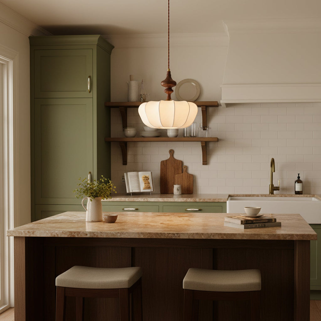 Warm light from a Clérachic scalloped pendant above a kitchen island, with sage-green cabinets and open shelves behind.