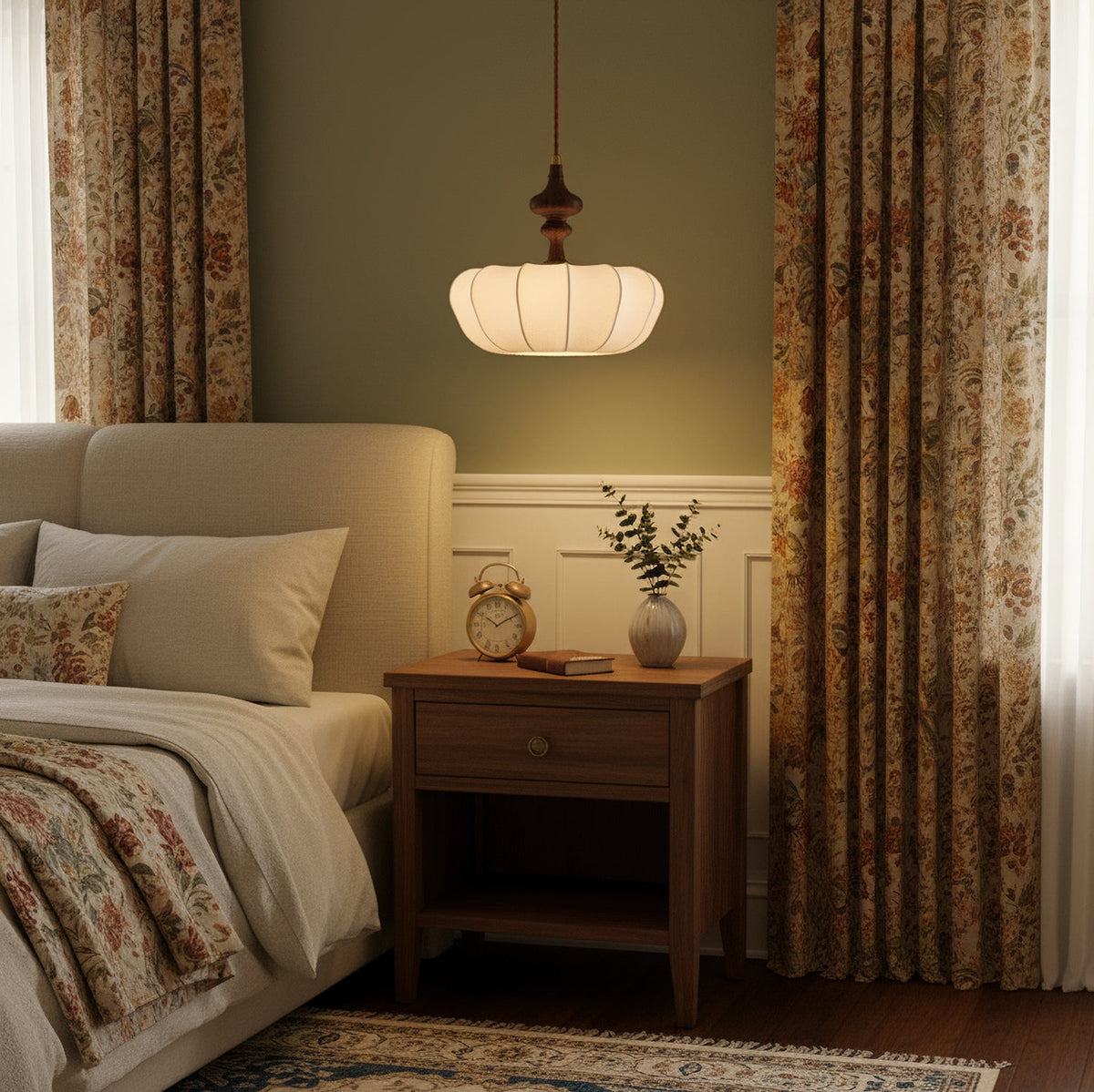 A Clérachic pendant glowing beside a bed and wooden nightstand, with floral curtains and sage-green walls behind.