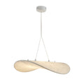 A twisted white pendant hangs from a white ceiling canopy on two fine cables against a white backdrop, shown as this Clérachic pendant.