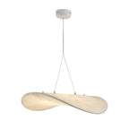 A twisted white pendant hangs from a white ceiling canopy on two fine cables against a white backdrop, shown as this Clérachic pendant.