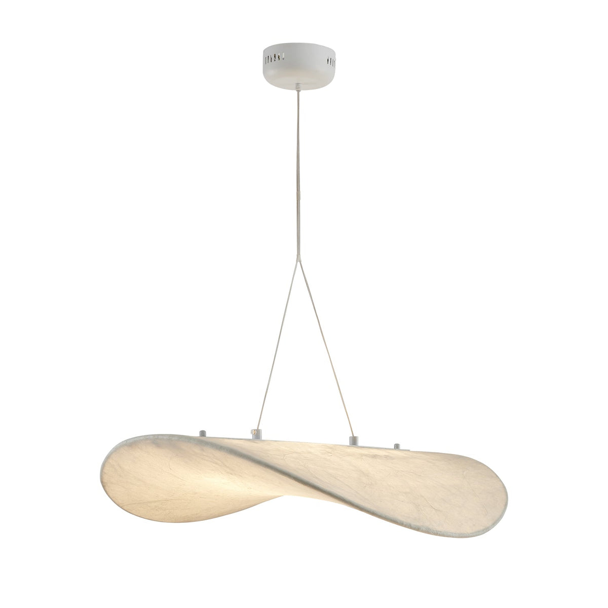 A twisted white pendant hangs from a white ceiling canopy on two fine cables against a white backdrop, shown as this Clérachic pendant.