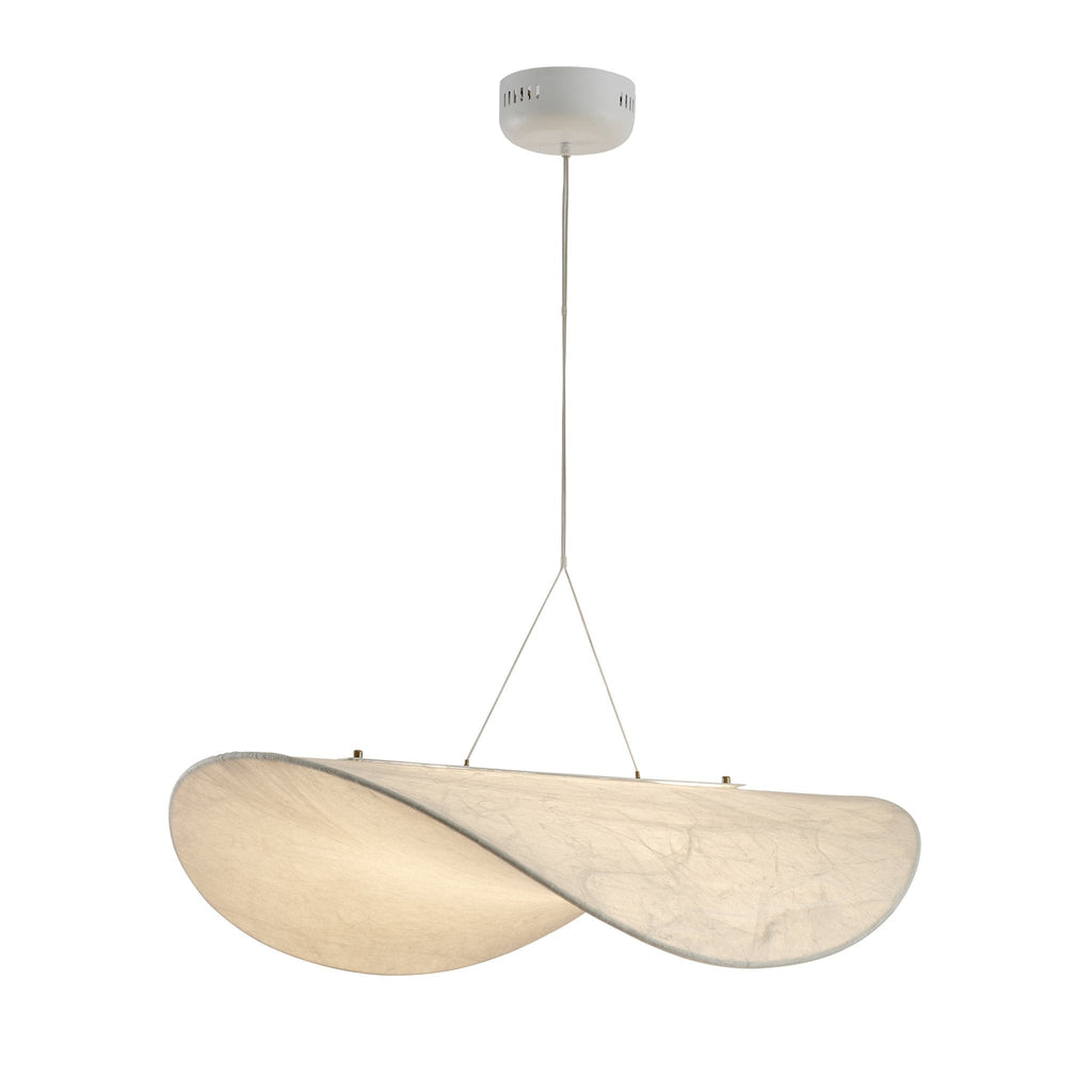 A wide, twisted white pendant hangs from a white ceiling canopy and two cables against a white backdrop, a Clérachic pendant.