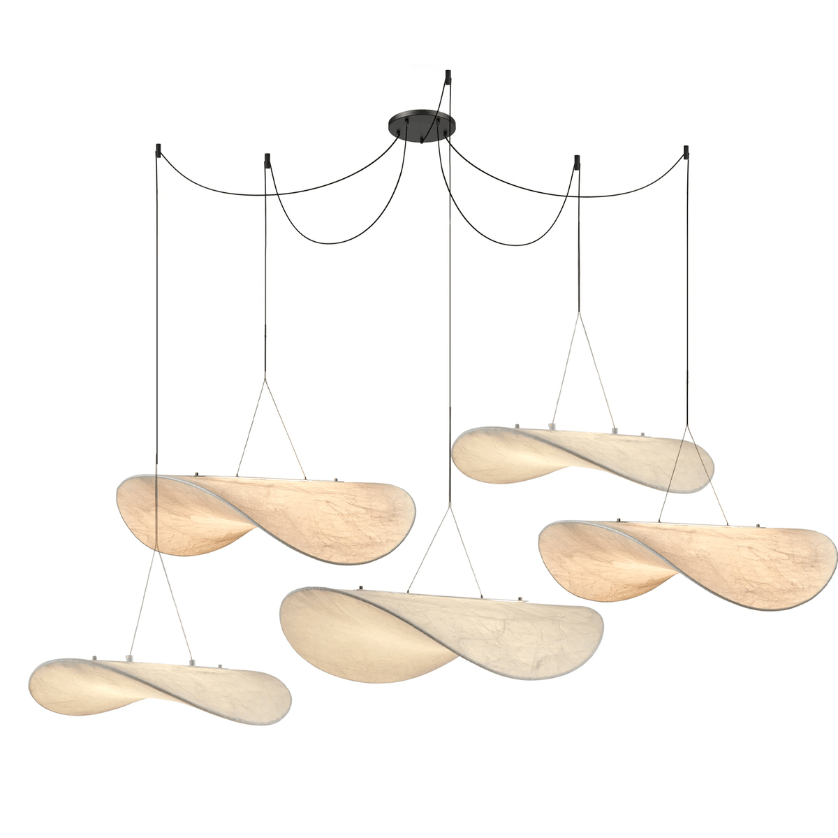 Five twisted white pendants in several sizes hang from looped black cables on one black ceiling canopy, a Clérachic cluster.