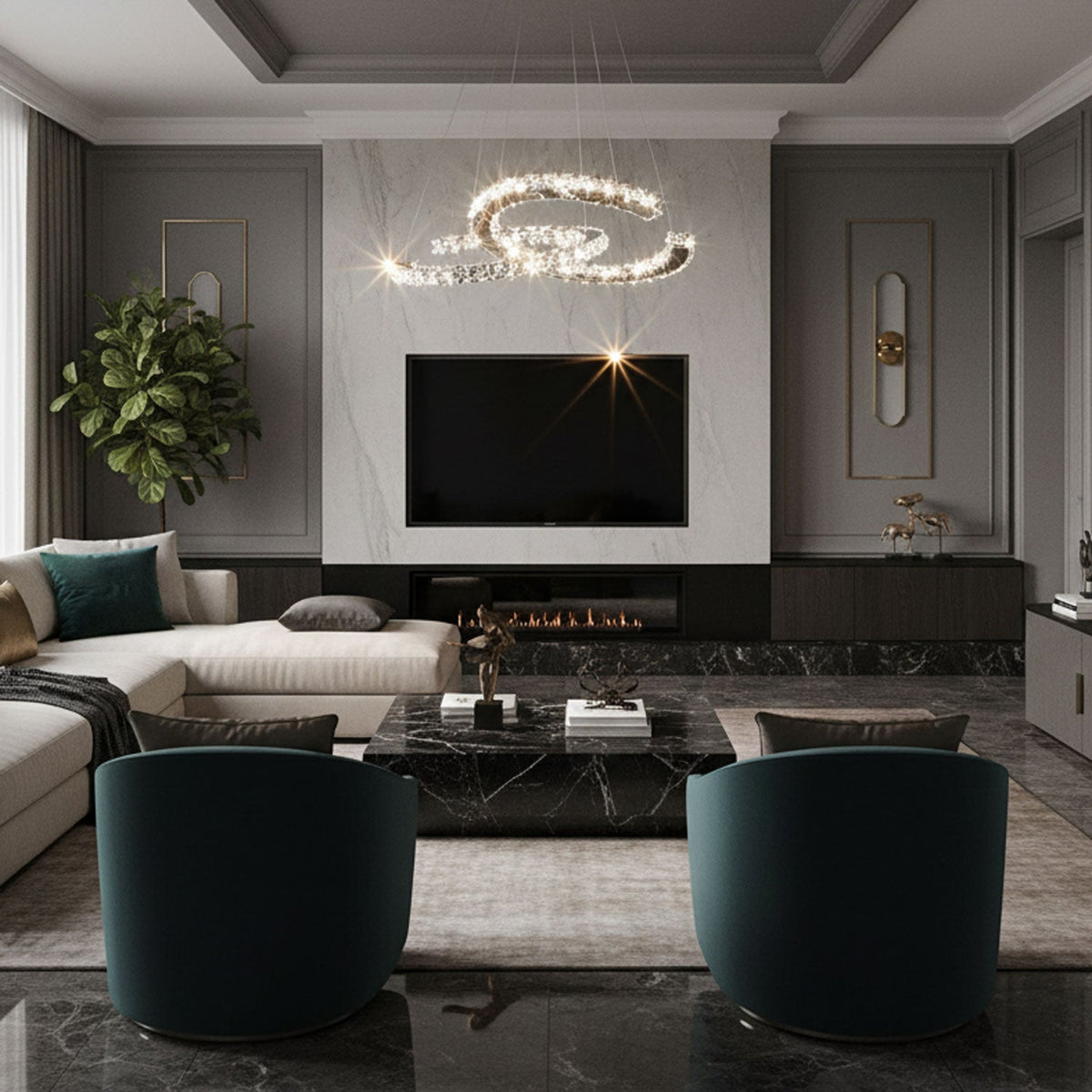 Lit Clérachic crystal pendant over a panelled living room with a fireplace, a wall-mounted television and teal armchairs.