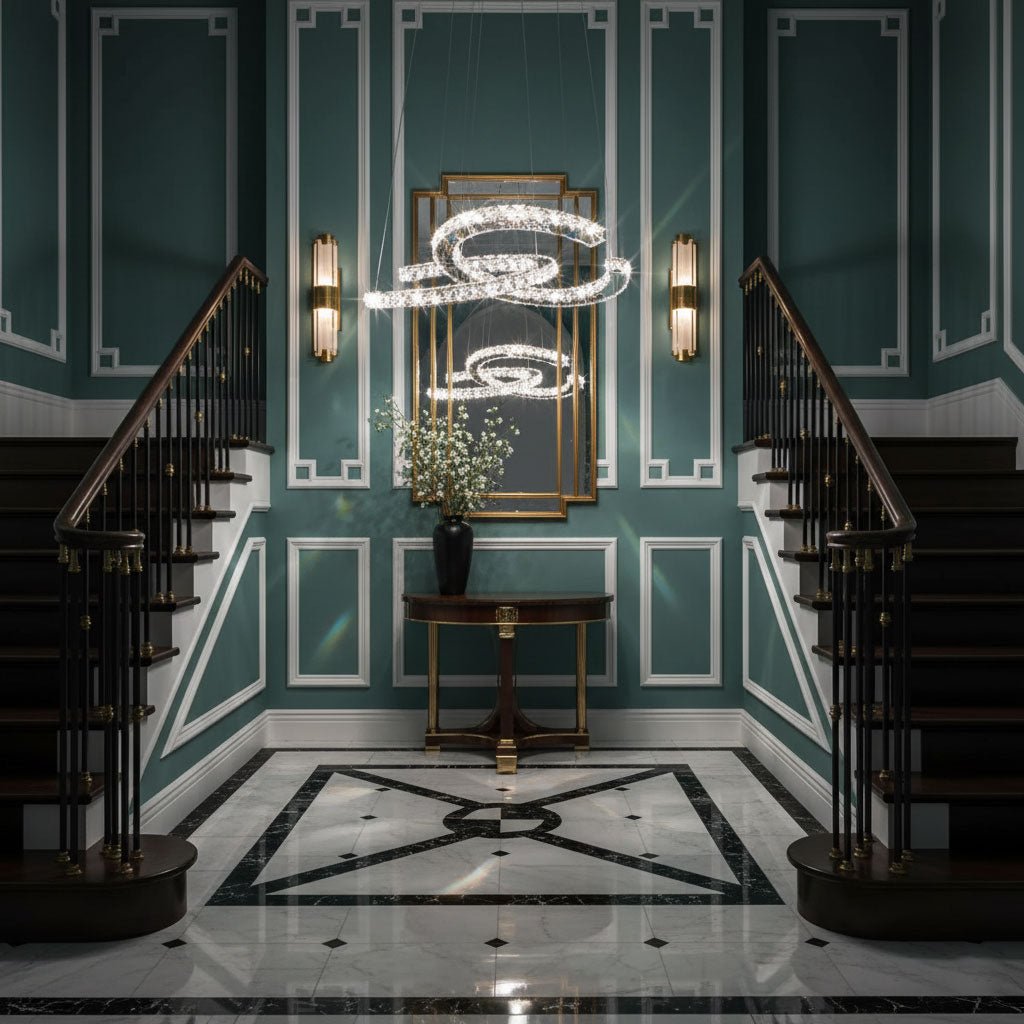 Clérachic crescent pendant in a teal panelled stairwell with a curved double staircase, a round console and a gilt mirror.