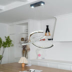 Crystal crescent pendant from Clérachic below a dark canopy, with a leafy plant and a white shelving wall behind.