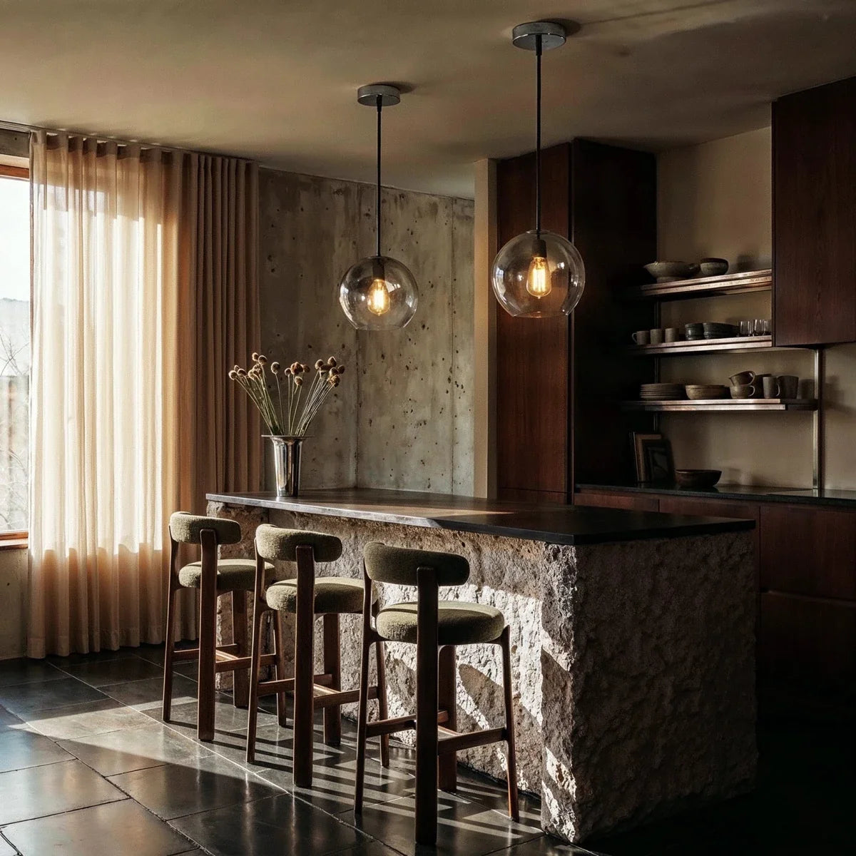 Clérachic glass sphere pendants light a stone kitchen island, paired above dark timber cabinetry and bar stools.
