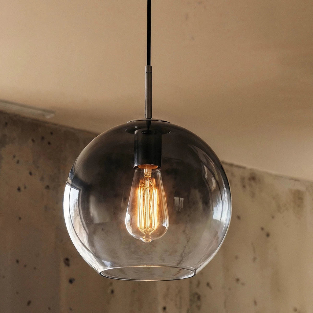 Clérachic pendant close-up shows the clear glass sphere shade and exposed Edison filament bulb glowing inside.